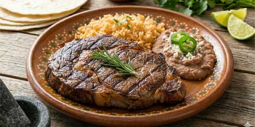 A grilled steak garnished with rosemary, served with Mexican rice and refried beans topped with jalapeño slices on a decorated brown plate at a vibrant Mexican restaurant.