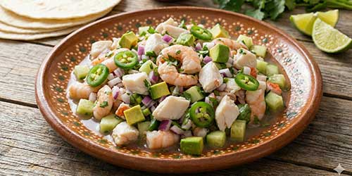 A plate of shrimp and fish ceviche with diced avocado, cucumber, red onion, and sliced jalapeños, served on a brown dish with lime wedges and tortillas in the background at a vibrant Mexican restaurant.