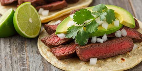 A steak taco topped with sliced avocado, chopped onions, and cilantro, served on a corn tortilla with a lime wedge—classic flavors you'll find at any great Mexican restaurant.