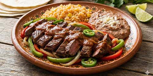 A plate from a Mexican restaurant with sliced steak topped with sauce, grilled peppers and onions, Mexican rice with corn, refried beans with cheese, tortillas, and lime wedges on the side.