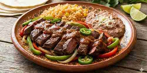 A plate from a Mexican restaurant with sliced steak topped with sauce, grilled peppers and onions, Mexican rice with corn, refried beans with cheese, tortillas, and lime wedges on the side.