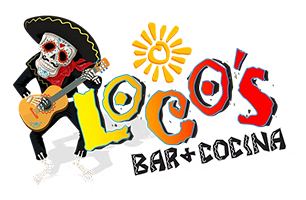 Logo for Loco's Bar + Cocina, a vibrant Mexican restaurant, featuring a skeleton in a sombrero playing guitar, with colorful, stylized text and a sun illustration.
