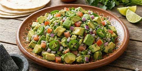 A plate of chunky guacamole with diced avocado, tomato, red onion, cilantro, and sliced jalapeños, served at a Mexican restaurant on a wooden table with tortillas and lime wedges in the background.