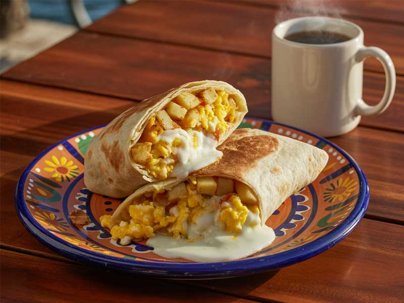 A breakfast burrito with scrambled eggs, potatoes, and cheese sauce is cut in half on a colorful plate, with a mug of steaming coffee in the background.
