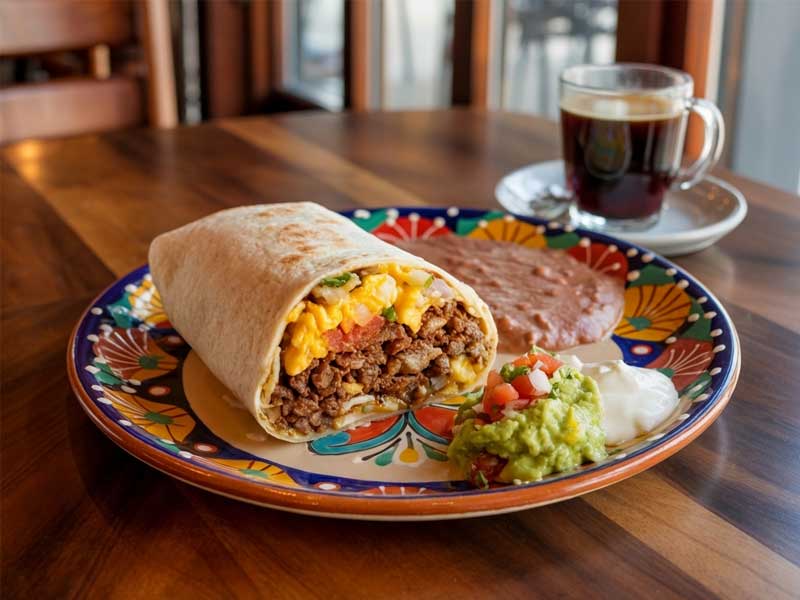A breakfast burrito with eggs and beef, served with refried beans, guacamole, sour cream, and salsa on a colorful plate, with a cup of coffee in the background.