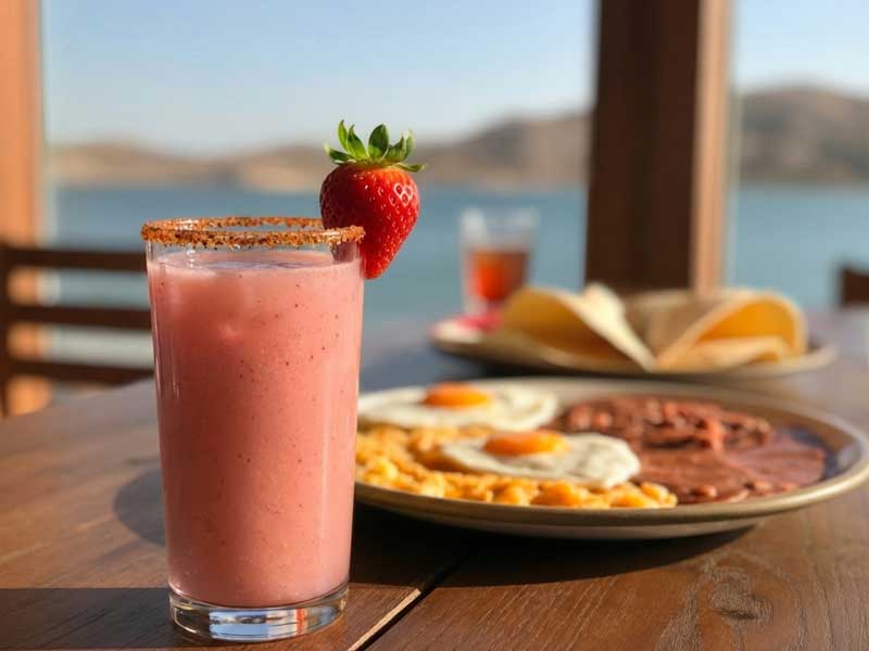 A glass of pink smoothie with a strawberry garnish and chili rim sits on a table beside a plate of eggs, beans, tortillas, and a blurred glass of juice in the background.