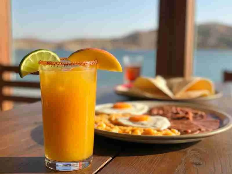 A glass of orange beverage garnished with lime and mango sits on a wooden table next to a breakfast plate with eggs, beans, and tortillas, with a lake view in the background.
