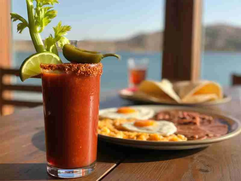 A glass of michelada garnished with celery, lime, and a chili rim sits on a wooden table next to a breakfast plate with eggs, beans, and tortillas, with a lake in the background.