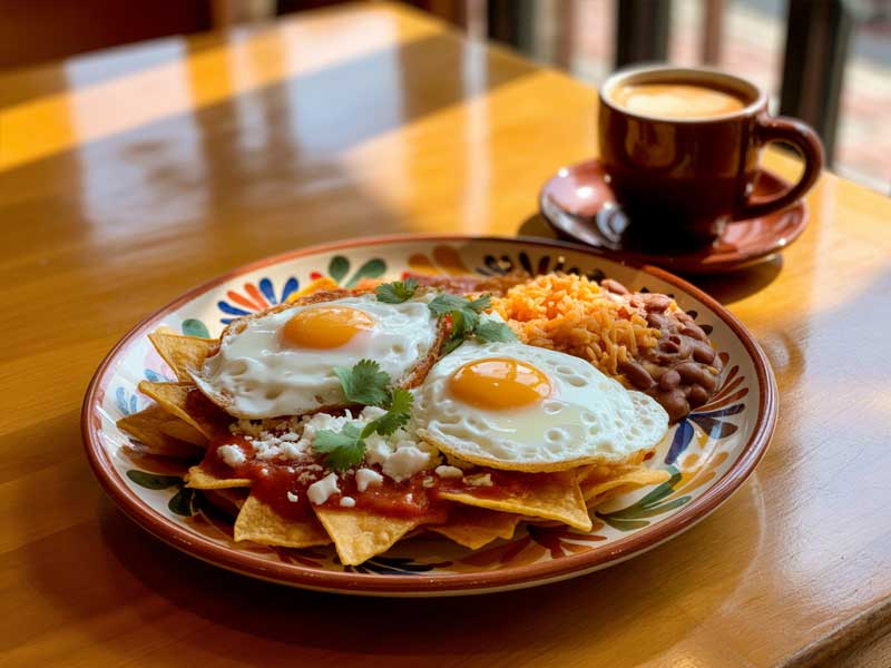 A plate with chilaquiles topped with two sunny-side-up eggs, cheese, and cilantro, served with rice and beans, next to a cup of coffee on a wooden table.