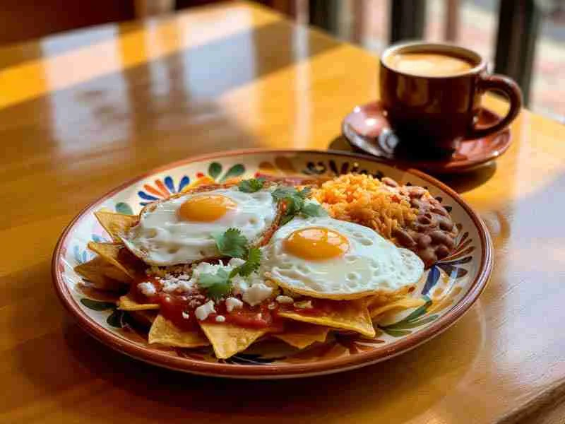 A plate with chilaquiles topped with two sunny-side-up eggs, cheese, and cilantro, served with rice and beans, next to a cup of coffee on a wooden table.