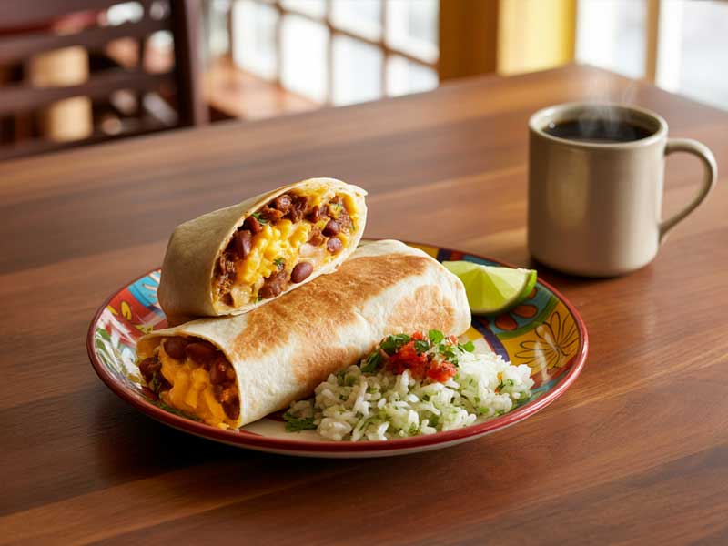 A breakfast burrito cut in half is served on a colorful plate with rice, pico de gallo, a lime wedge, and a mug of black coffee on a wooden table.