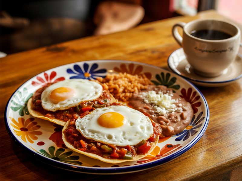A plate of huevos rancheros with rice and refried beans topped with cheese, next to a cup of coffee on a wooden table.