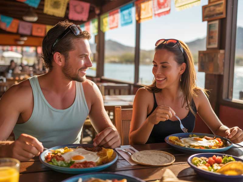 A man and woman sit at a restaurant table, smiling and eating plates of food with eggs, while sunlight streams through the windows decorated with colorful banners.