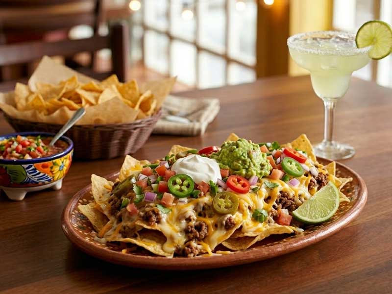A plate of loaded nachos with ground beef, melted cheese, jalapeños, guacamole, sour cream, and a lime wedge next to salsa, tortilla chips, and a margarita with a lime.