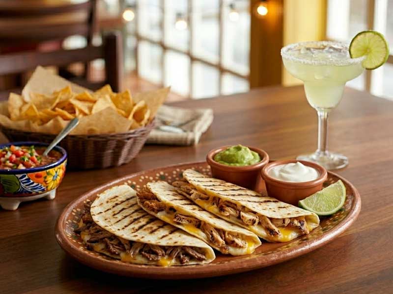 A plate of grilled quesadillas with shredded meat and cheese, served with guacamole, sour cream, a lime wedge; chips, salsa, and a margarita are on the table.