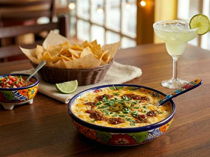 A bowl of queso dip with toppings, a basket of tortilla chips, a margarita with a lime wedge, and a small bowl of salsa on a wooden table.