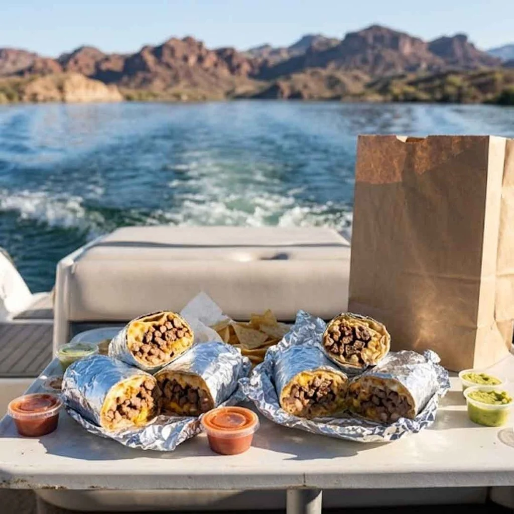 Several foil-wrapped breakfast burritos, tortilla chips, and small cups of salsa and guacamole on a table aboard a boat with a view of a lake and mountains.