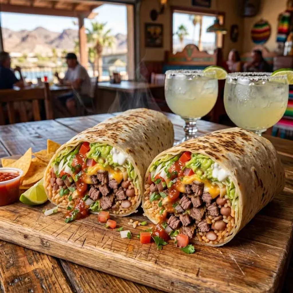 Lake Havasu's largest burrito filled with steak, beans, rice, and guacamole on a wooden board, with two margaritas in the background.